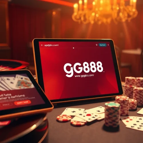 Experience thrilling online gambling at https://gg88.co.com/ with a vibrant casino scene filled with roulette wheels and poker chips.