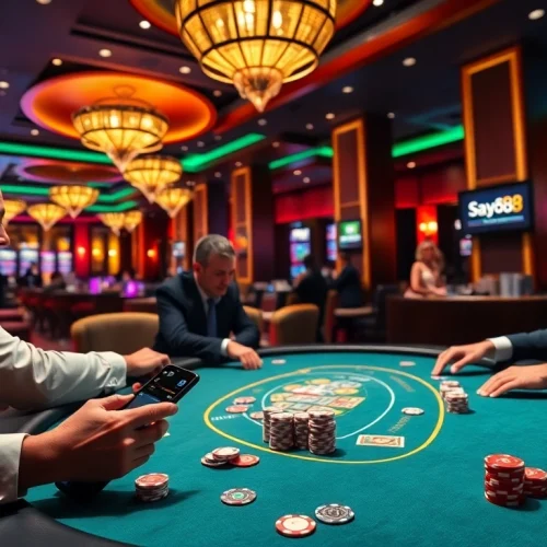 Players enjoying a poker game at say88's luxurious casino table, capturing high-stakes excitement.