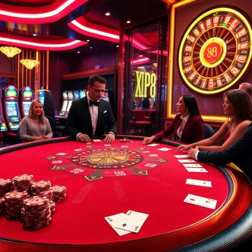 Exciting casino scene featuring poker table action and Kp88 themed gaming elements.