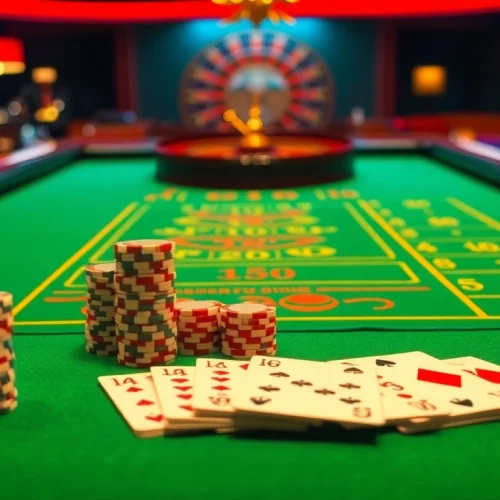 Experience the thrill of the FLY88 Link at a luxury casino table filled with poker chips and cards.