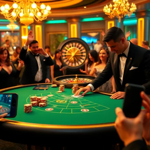 Players enjoying a thrilling session at 13Win casino table, with vibrant chips and cards.