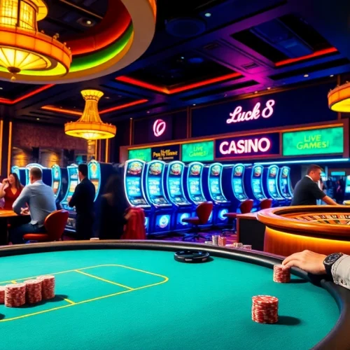 Experience the excitement of gambling at Luck8 with a vibrant casino atmosphere featuring live games and poker tables.