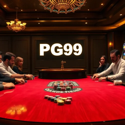 Players strategize at a high-stakes poker table in a luxurious casino with PG99 branding visible.