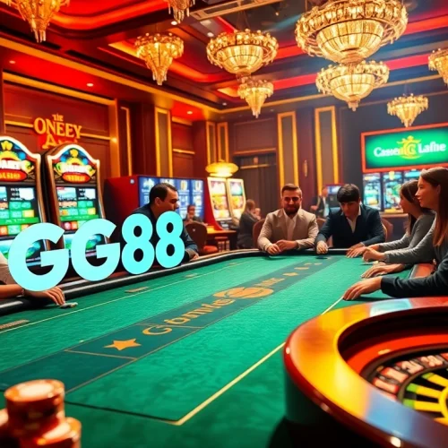 Players engaging in an exciting poker game at GG88 casino table surrounded by vibrant slot machines.