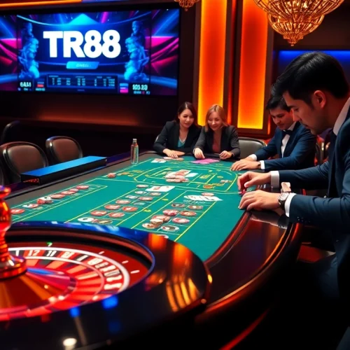 Players engaging in high-stakes poker at TR88's vibrant casino table.