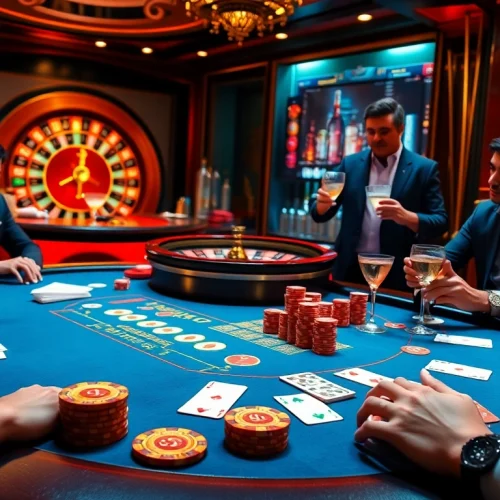Players enjoying a thrilling game at the poker table, showcasing http://gk88t2.com/ excitement in a casino setting.