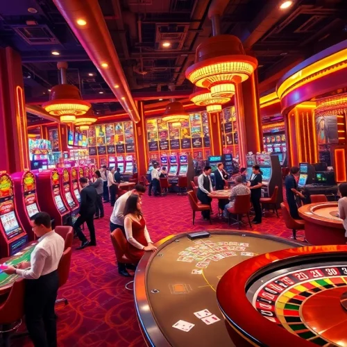 Witness gamblers enjoying thrilling games at bem88’s vibrant casino, surrounded by exciting slot machines and poker tables.