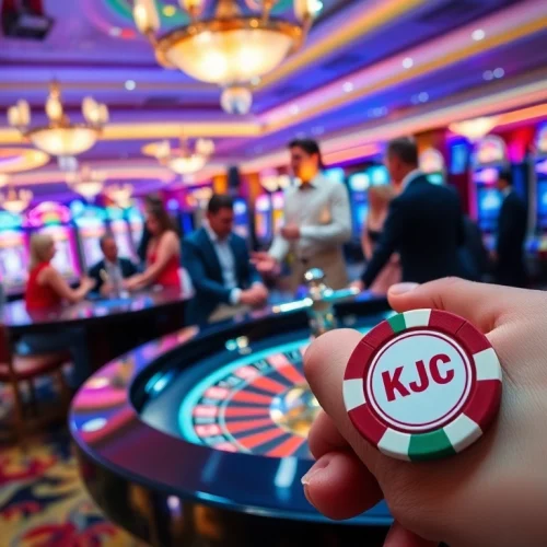 KJC poker chips stacked on an elegant casino table during an exciting game.