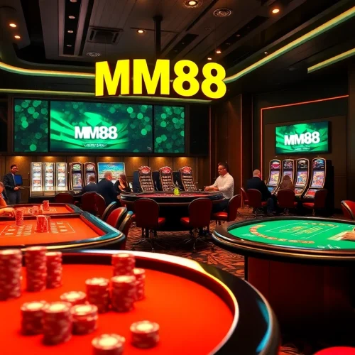 MM88 immersive online casino scene with elegant gaming tables and vibrant slot machines.