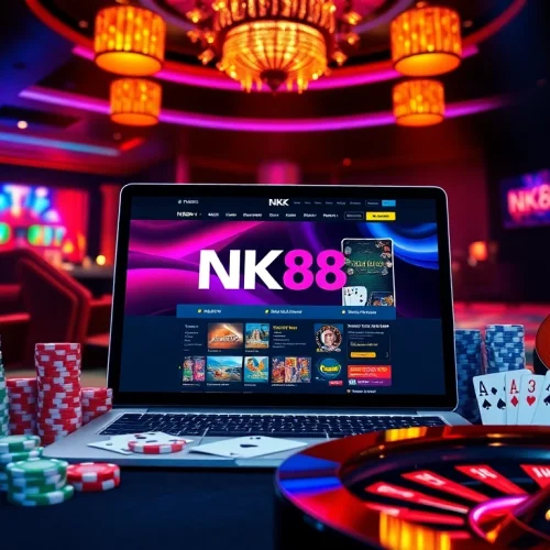 Engaging view of NK88's online gambling interface set amidst casino elements like poker chips and cards.