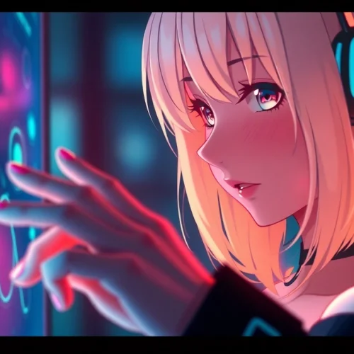 Engaging NSFW character interacting with a vibrant digital interface in a futuristic setting.