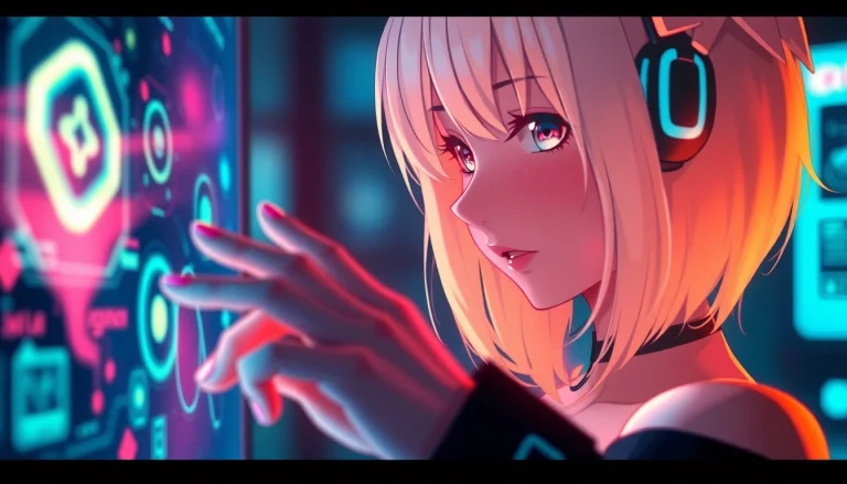 Engaging NSFW character interacting with a vibrant digital interface in a futuristic setting.