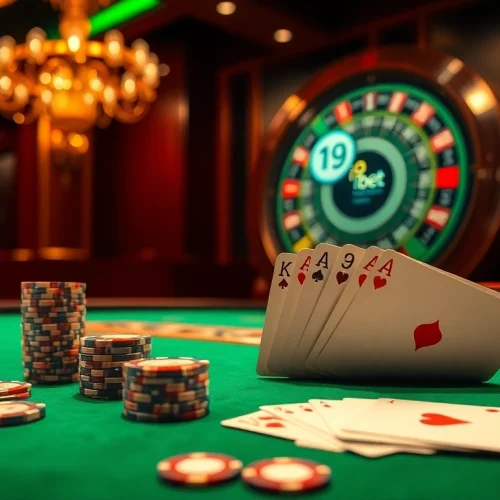 Experience the excitement of poker at i9bet.ren with vibrant chips and cards in a luxurious casino setting.
