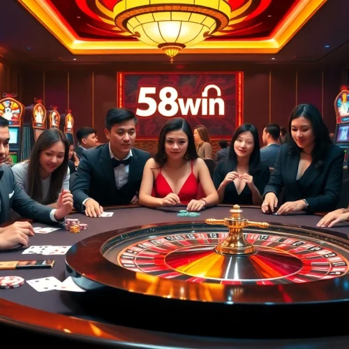 Experience the thrill of 58win with a vibrant casino scene featuring poker chips and roulette.