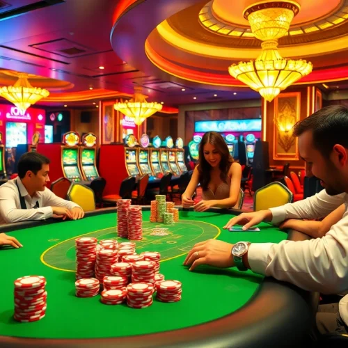 Players enjoy a lively poker game at dom88.us.com, featuring a glamorous dealer and vibrant chips.