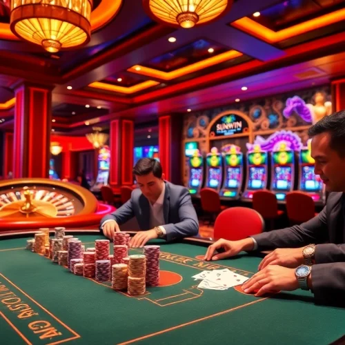Action-packed poker game showcasing SUNWIN chips and vibrant casino atmosphere.