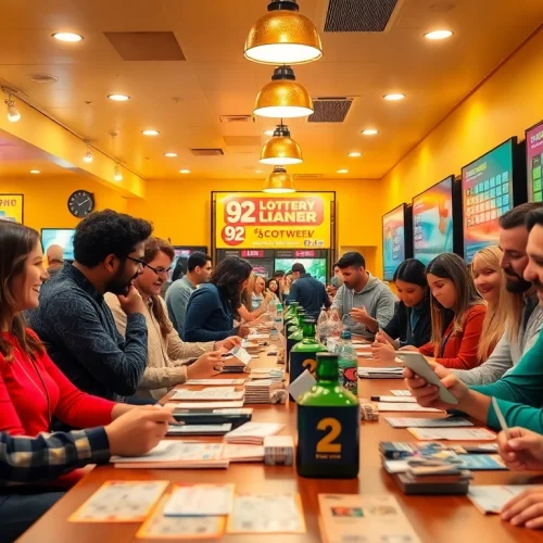 Exciting lottery club atmosphere at https://92lotteryclub.com/ with players discussing strategies and checking tickets.