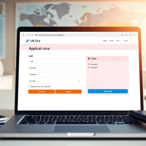 Streamlined uk eta online application process exemplified by a professional laptop setup.