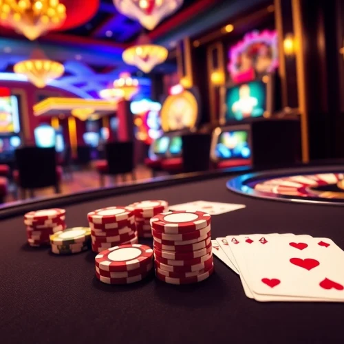Experience high-stakes excitement at the GO88.audio casino, with vibrant poker chips and luxurious gaming tables.