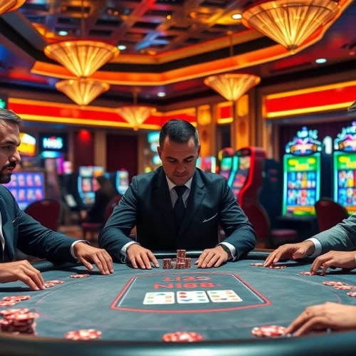 Players engaged in high-stakes poker at a luxurious casino, capturing the thrill of gambling with nh88.