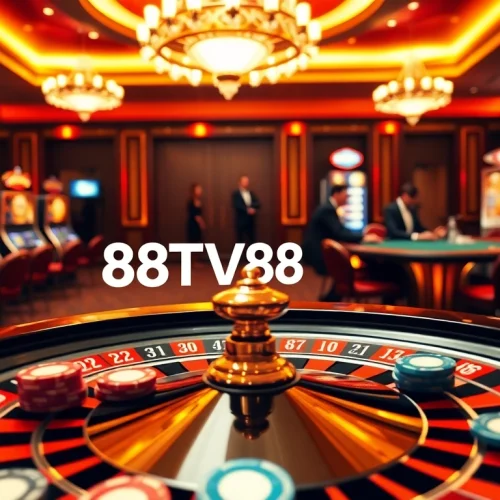 Experience the excitement of gambling at TV88 casino with a vibrant roulette table surrounded by elegant players.
