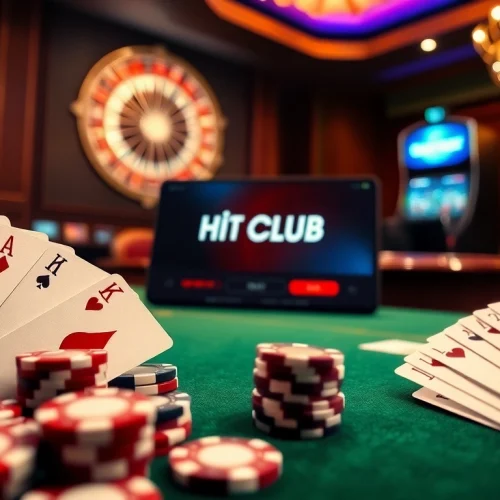 Tải HitClub app displayed on a luxurious casino interface with poker chips and cards, reflecting excitement.