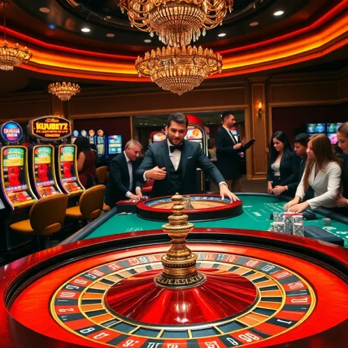 KUBET77 players engaging in thrilling roulette bets at a glamorous casino table.
