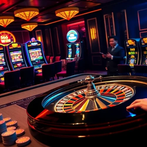 Exciting casino scene showcasing players at a roulette table with 56 WIN opportunities.