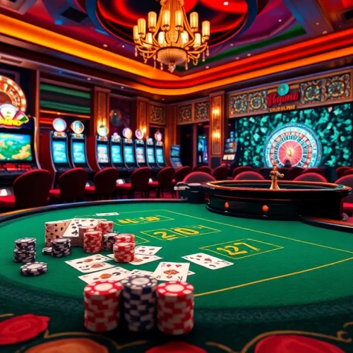 Experience the excitement of Nhà cái Fly88 with vibrant casino tables, cards, and roulette wheels in a luxurious atmosphere.