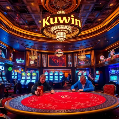 Kuwin casino players at a luxurious poker table in a vibrant gaming atmosphere
