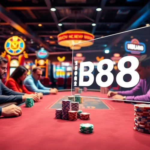 Players enjoy high-stakes poker at HB88, showcasing vibrant chips and thrilling casino energy.