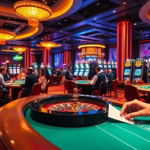 Exciting gambling scene at 388bet casino with players at poker tables and colorful slot machines.