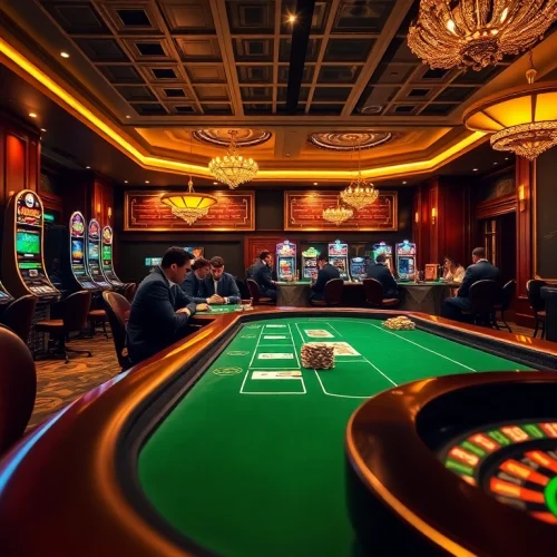 Engaging poker action reflecting fun79 bet excitement in a luxurious casino setting.