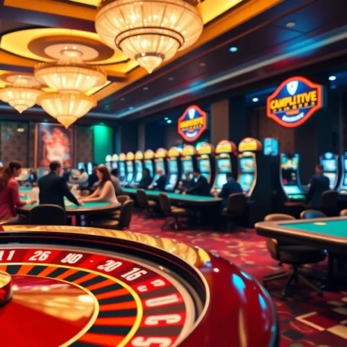 Nohu90 đăng nhập at a luxurious casino table, showcasing excited players and vibrant slot machines.