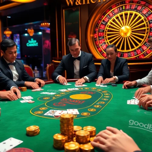 Engage in thrilling poker action at good88bet's luxurious casino table filled with vibrant poker chips and cards.