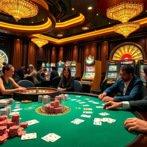 Experience the thrill of a vibrant casino scene with poker action at https://mb66-th.com/ and lively slot machines.