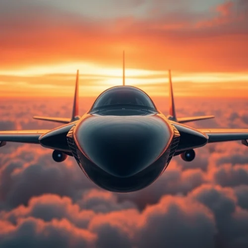 NK88 aircraft soaring through a vibrant sunset sky, showcasing modern aerospace technology.