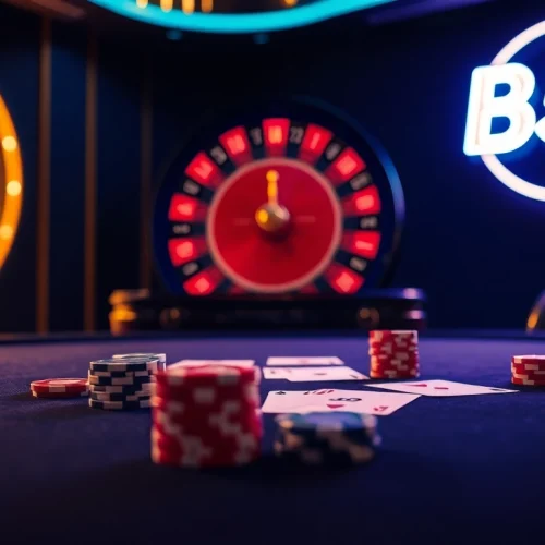 B52 poker table with vibrant chips and cards set in a luxurious casino ambiance.