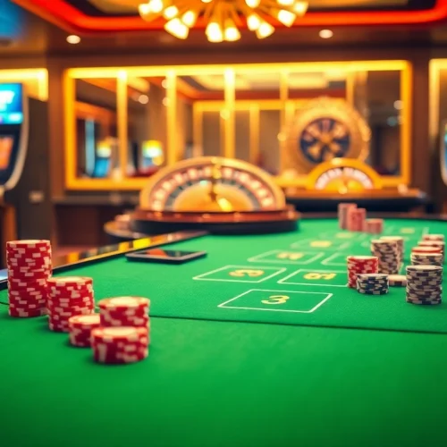 Experience the thrill of gaming at 32Win with vibrant casino tables filled with poker chips.