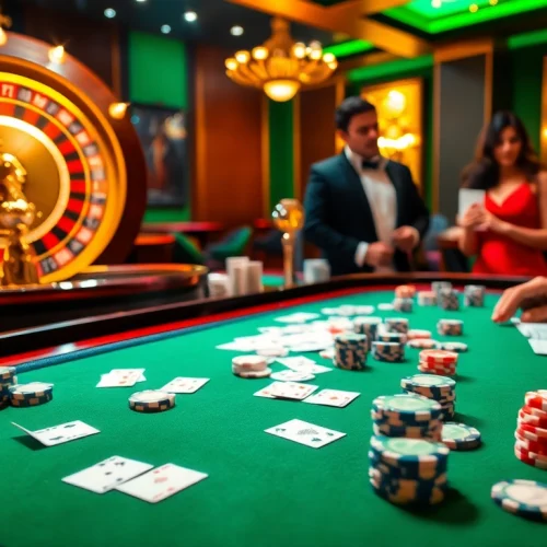 Experience thrilling gameplay at 8kbet with poker chips and roulette in a luxurious casino setting.