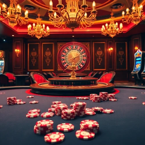 Exciting gaming tables at S8 casino, showcasing vibrant poker chips and a spinning roulette wheel.