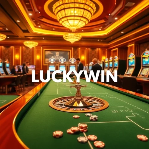 LUCKYWIN online casino interface with vibrant tables, slot machines, and excited players enjoying gambling.