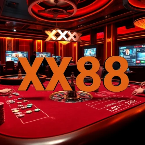 Experience the thrill of gambling at XX88 with poker chips and a vibrant casino scene.