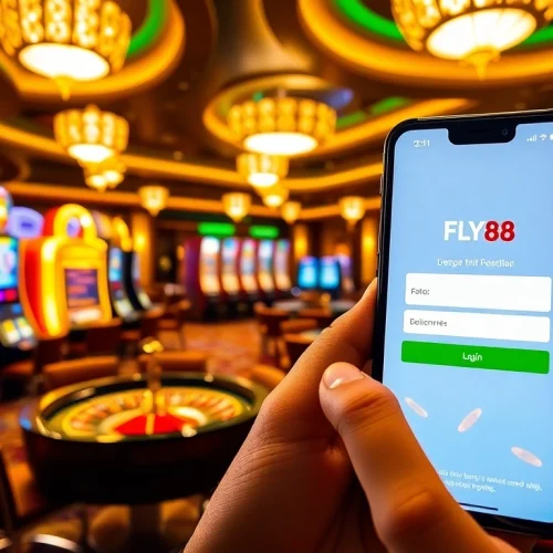 Accessing FLY88 đăng nhập on a mobile device in a vibrant casino atmosphere.