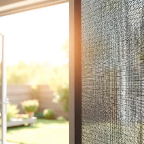 Close-up of a stylish fly screen door enhancing the entrance of a modern home with a smooth mesh design.