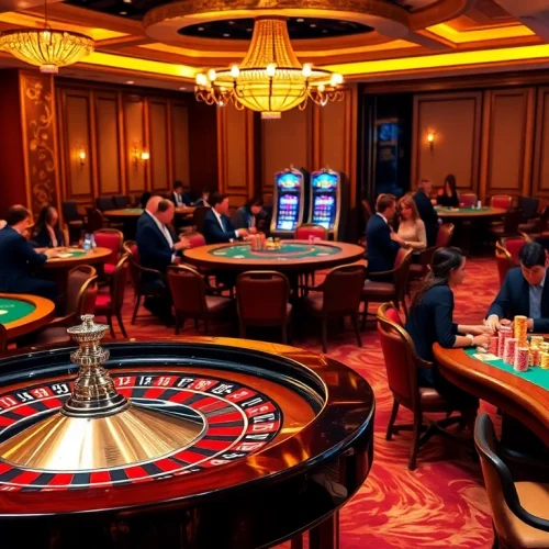 Excited players engaging at a luxurious 89bet casino table with roulette and poker games.