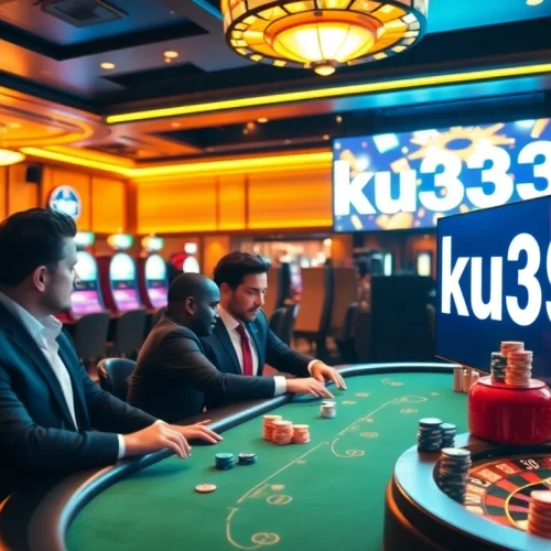 Engaging poker game at a luxury casino showcasing ku3933 with vibrant chips and slot machines.