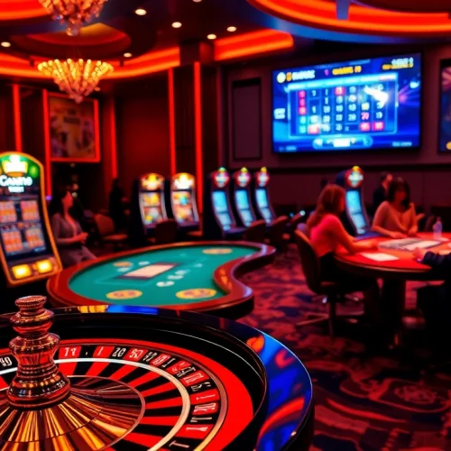 Play at DH88's vibrant casino, featuring roulette wheels and colorful poker chips.