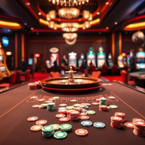 Experience excitement at Rikvip with vibrant casino games, poker chips, and roulette.
