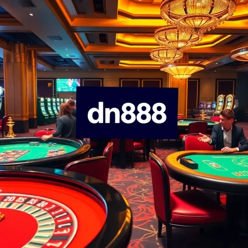 Players enjoying high-stakes gaming in a luxurious casino atmosphere, featuring dn888 branding.